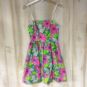 Lilly Pulitzer Pink And Green Blooming & Cocooning Strapless Mini Dress Sz 0